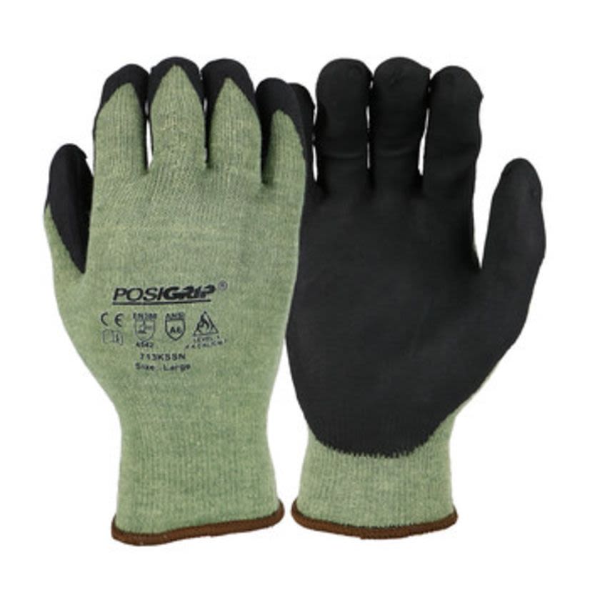 West Chester 713KSSN-L PosiGrip™ Cut-Resistant Gloves, L, Kevlar®, MicroFoam/Nitrile Coating, Black/Green, ANSI/ISEA Cut Level A6
